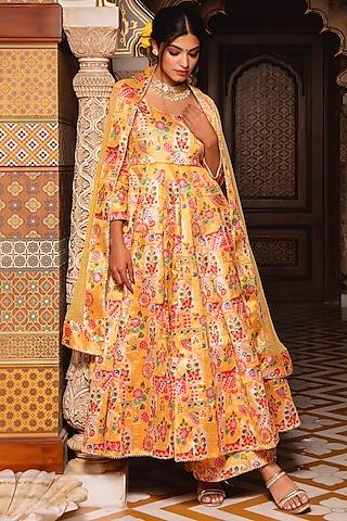 yellow poly viscose printed anarkali set