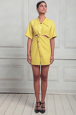 yellow polyester cut out shirt dress