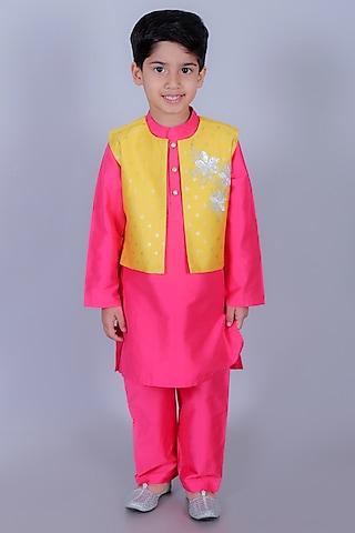 yellow polyester foil printed & embroidered nehru jacket for boys