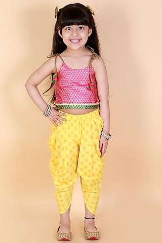yellow polyester printed dhoti set for girls
