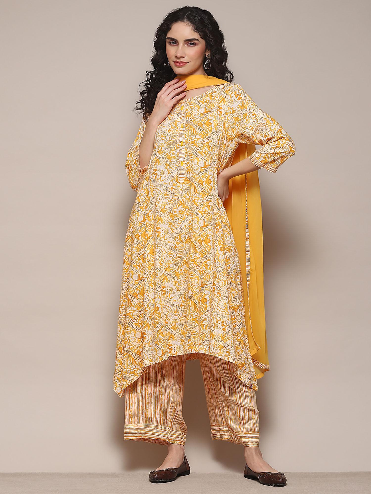 yellow polyester straight printed kurta with palazzo & dupatta (set of 3)