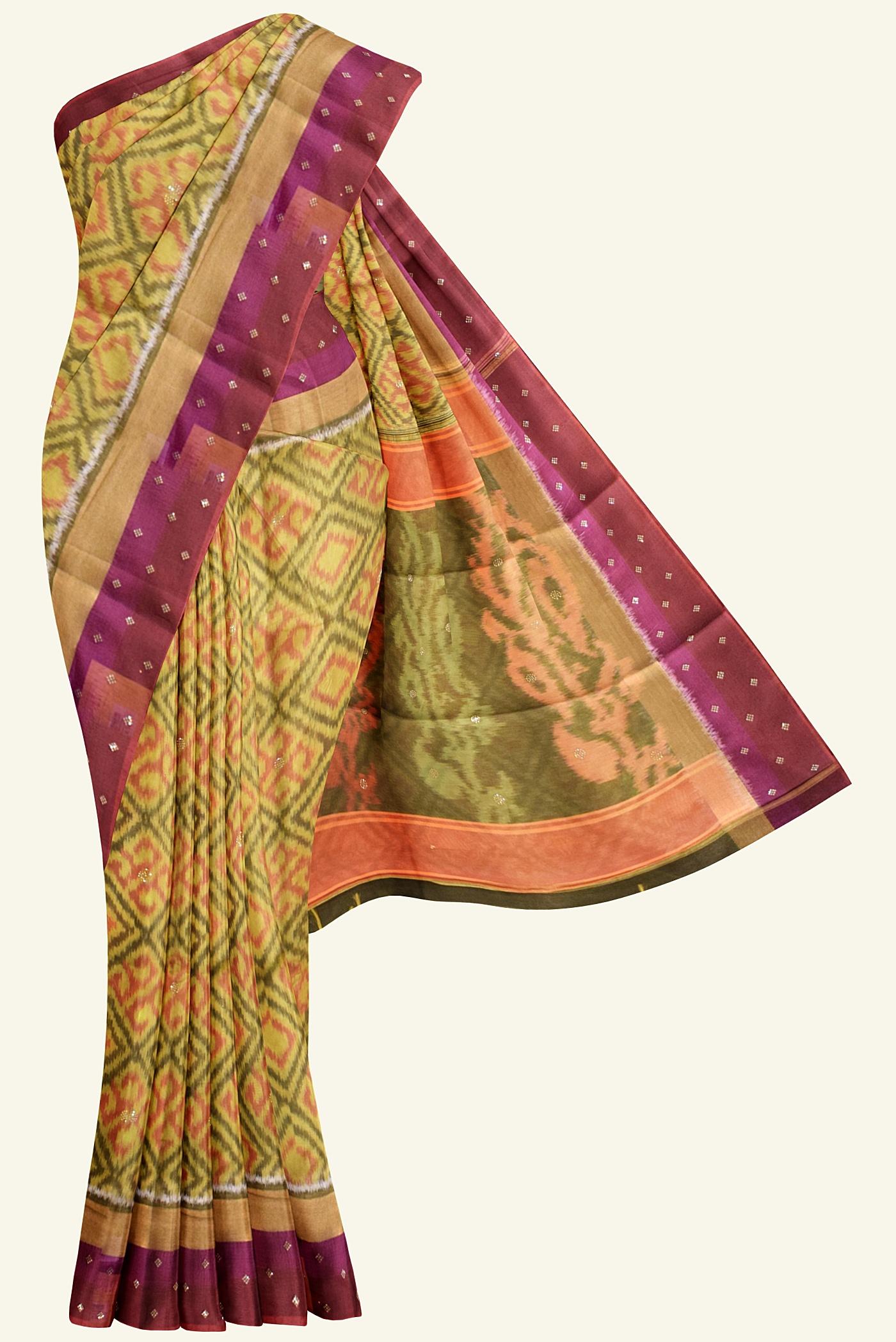 yellow potala print silk cotton saree