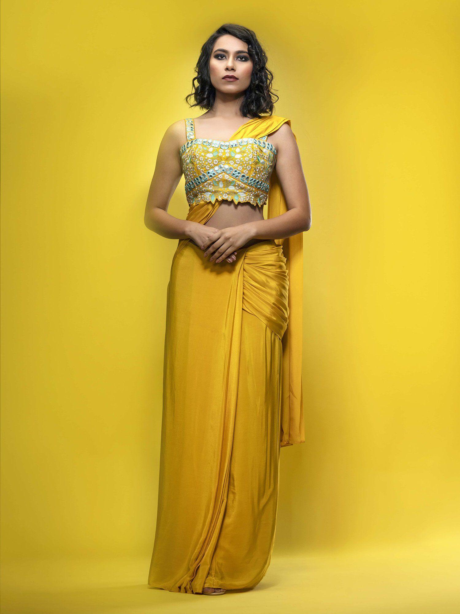 yellow pre-stitched blouse saree with blouse with stitched blouse