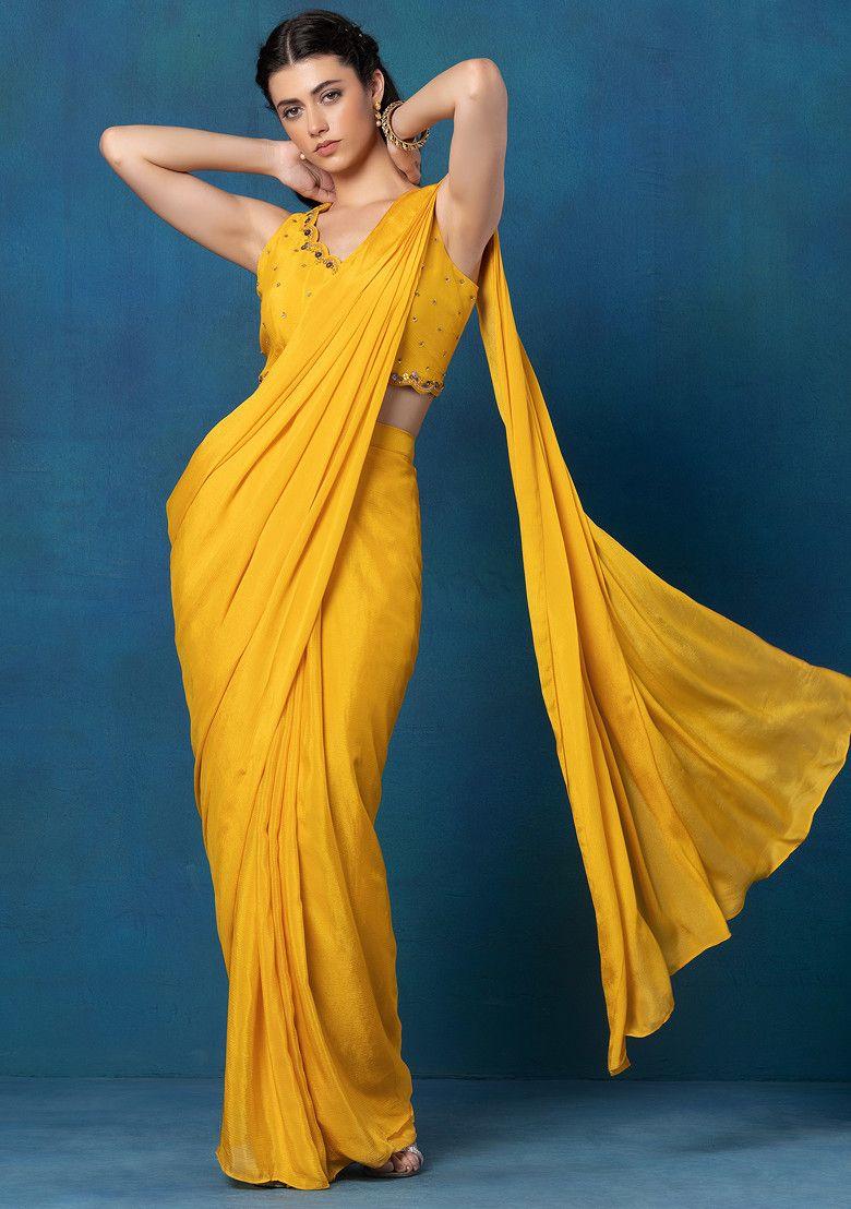 yellow pre-stitched saree set with sequin bead embellished blouse