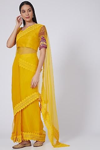 yellow pre-stitched wrap saree set