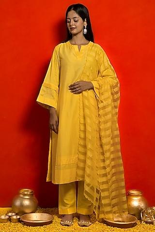 yellow premium summer silk kurta set