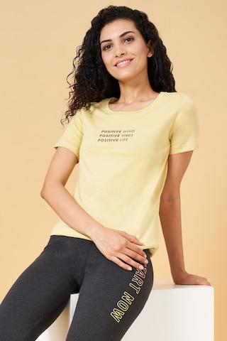 yellow print active wear half sleeves round neck women regular fit  t-shirt