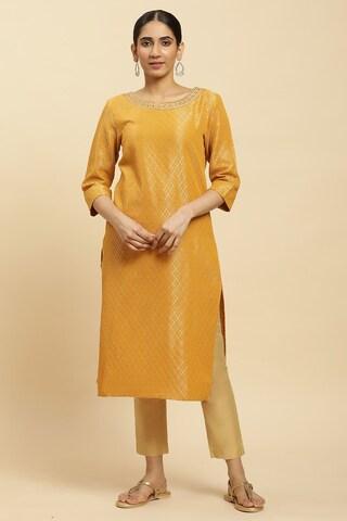 yellow print calf-length casual women regular fit kurta