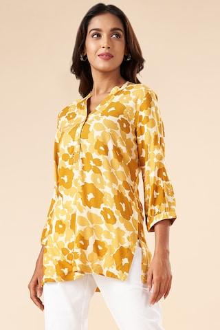 yellow print casual 3/4th sleeves mandarin women regular fit  tunic