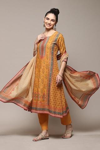 yellow print casual 3/4th sleeves round neck women straight fit pant kurta dupatta set