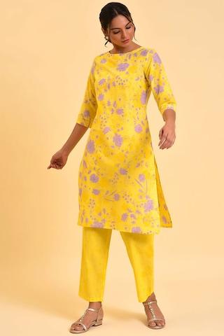 yellow print casual 3/4th sleeves round neck women straight fit pant kurta set