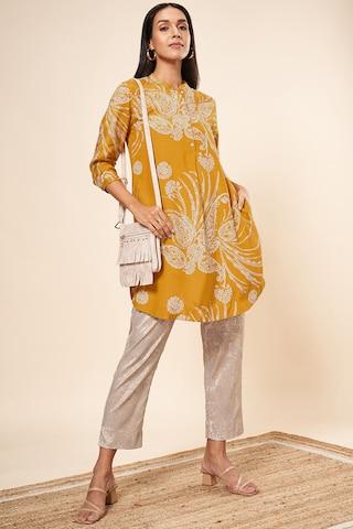 yellow print casual full sleeves mandarin women straight fit  tunic