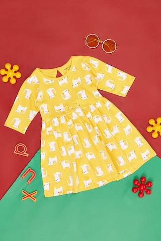 yellow print casual full sleeves round neck baby regular fit  dress