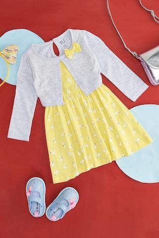 yellow print casual full sleeves round neck baby regular fit dress