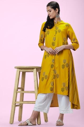 yellow print casual mandarin 3/4th sleeves calf-length women regular fit kurta