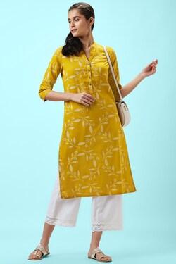 yellow print casual mandarin 3/4th sleeves calf-length women regular fit kurta