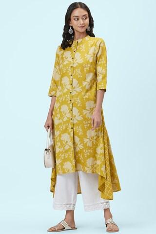 yellow print casual mandarin 3/4th sleeves calf-length women regular fit kurta