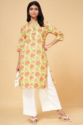 yellow print casual mandarin 3/4th sleeves calf-length women regular fit kurta