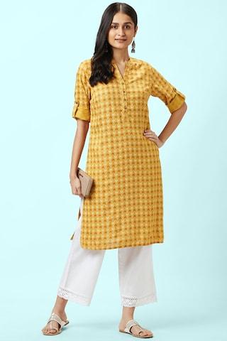 yellow print casual mandarin 3/4th sleeves knee length women regular fit kurta