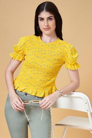 yellow print casual puffed sleeves round neck women slim fit  top