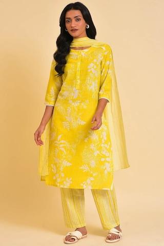 yellow print casual round neck 3/4th sleeves ankle-length women regular fit pant kurta dupatta set