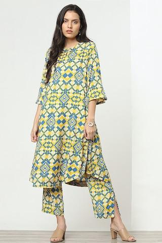 yellow print casual round neck 3/4th sleeves calf-length women straight fit kurta