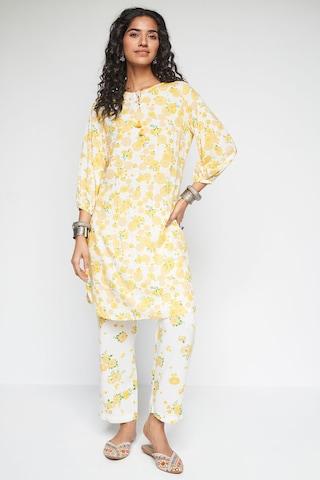 yellow print casual tie-up neck 3/4th sleeves ankle-length women comfort fit kurta pant set