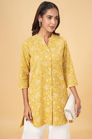 yellow print cotton flax mandarin women regular fit tunics