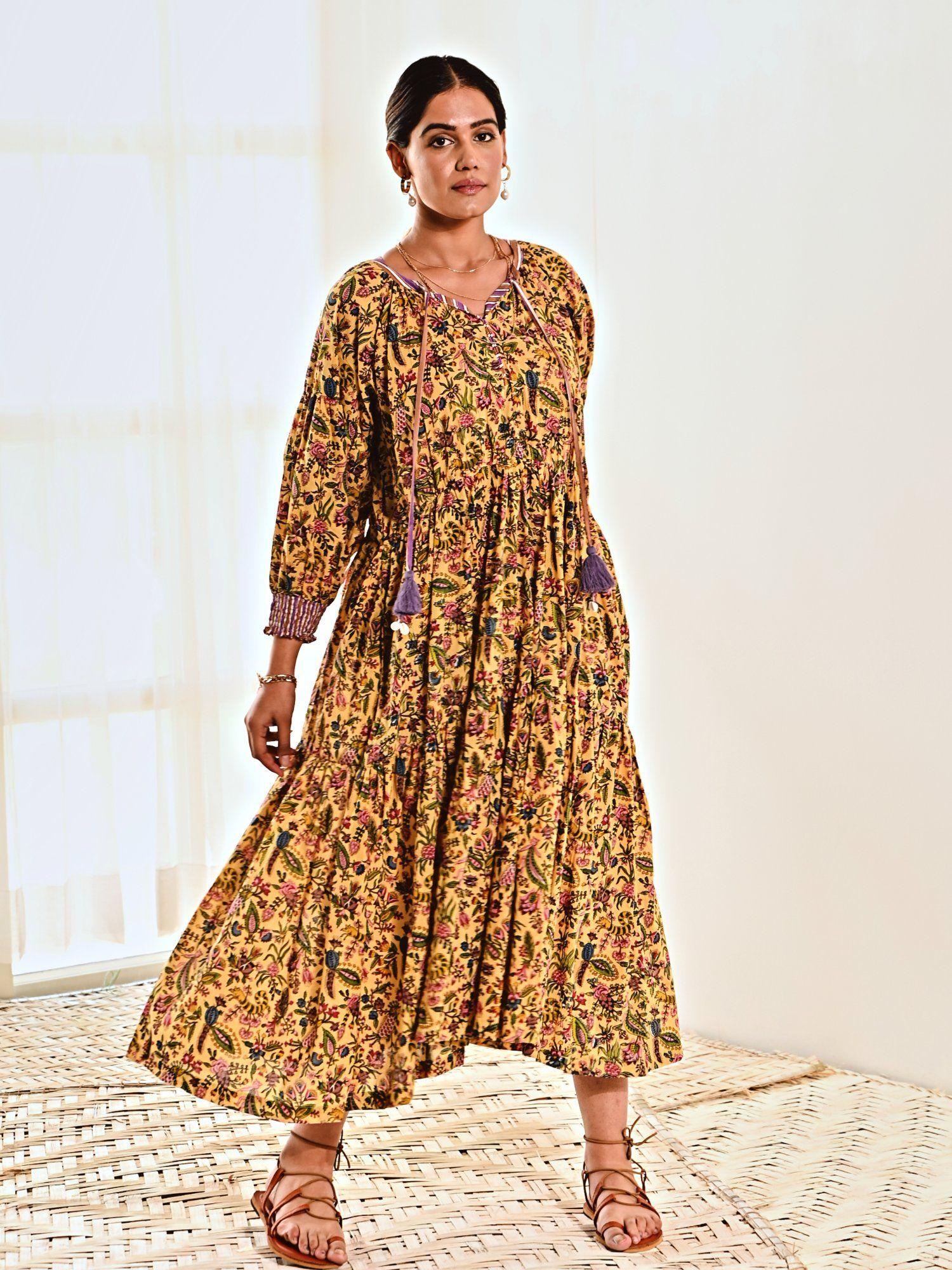 yellow print cotton maxi long dress