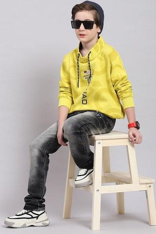 yellow print cotton mock neck boys regular fit sweatshirt