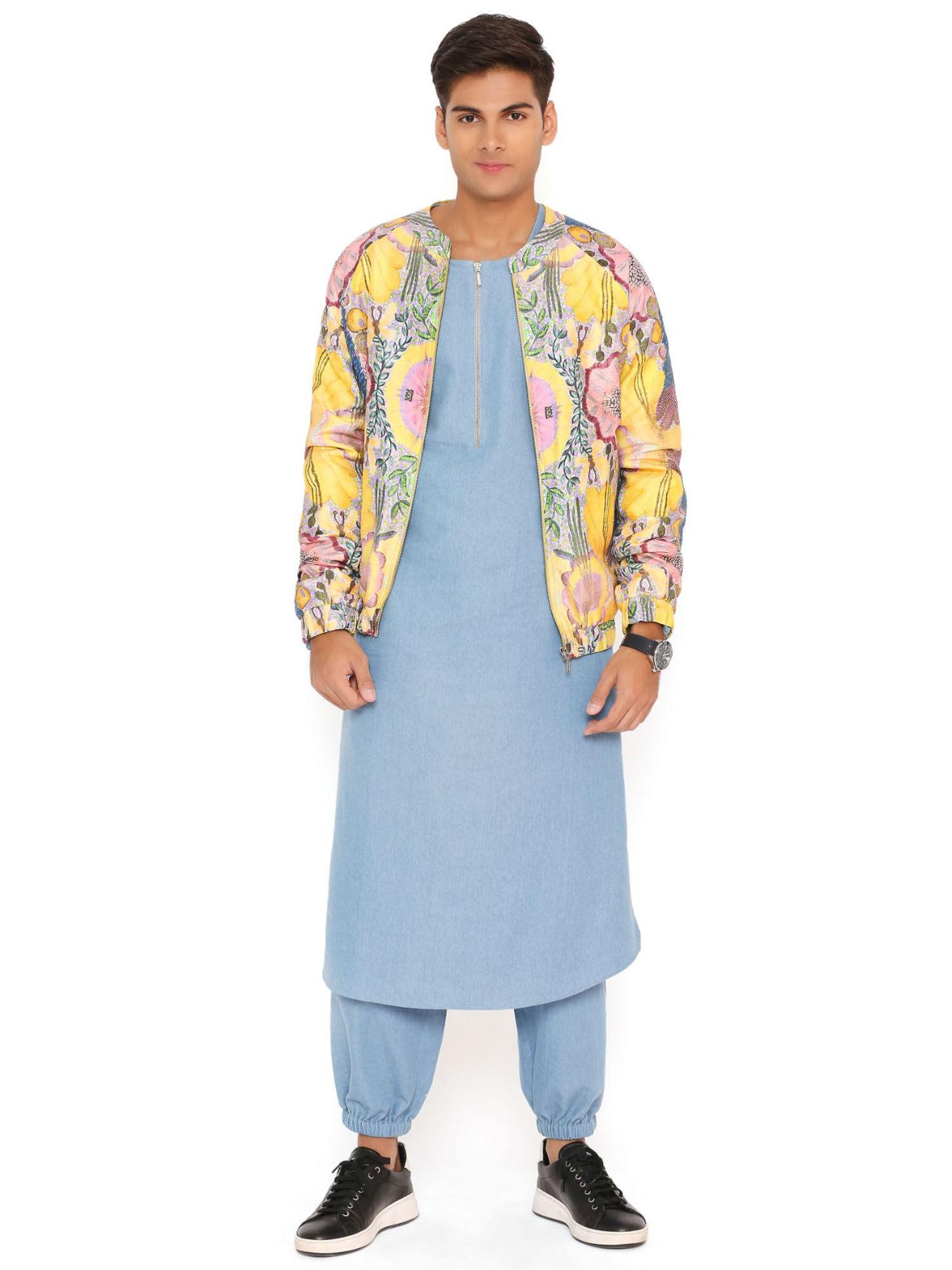 yellow print dupion bomber jacket denim kurta and jogger (set of 3)