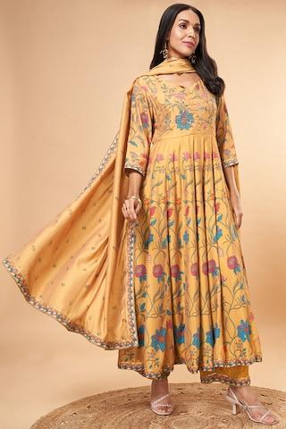 yellow print ethnic 3/4th sleeves round neck women flared fit  kurta pant dupatta set