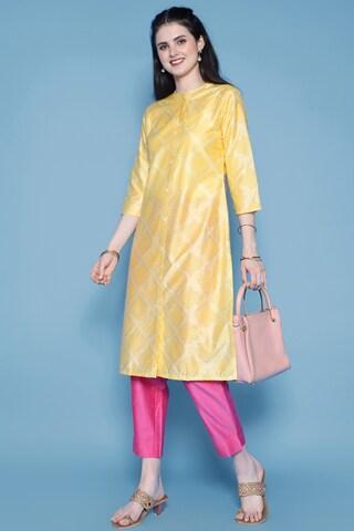 yellow print ethnic band collar 3/4th sleeves below-knee women a-line fit kurta