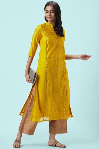 yellow print ethnic mandarin 3/4th sleeves calf-length women regular fit kurta