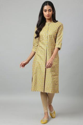 yellow print ethnic mandarin 3/4th sleeves women straight fit kurta