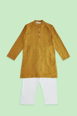 yellow print ethnic mandarin full sleeves thigh-length boys regular fit pant kurta set
