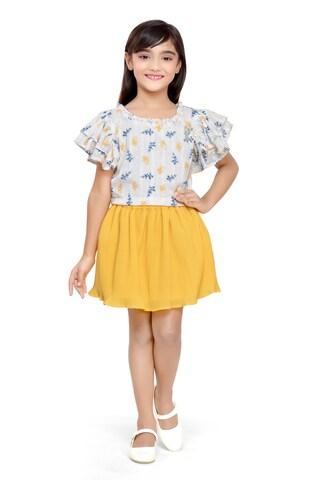 yellow print knee length casual girls regular fit dress