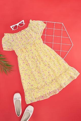yellow print polyester georgette dobby round neck girls regular fit dresses