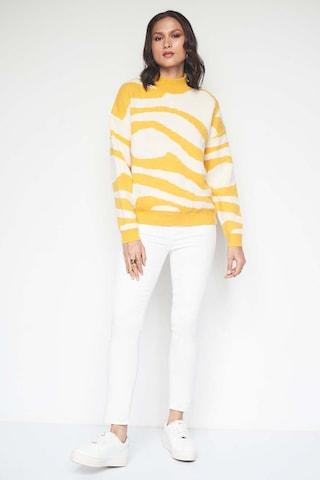 yellow print polyester high neck women loose fit sweaters