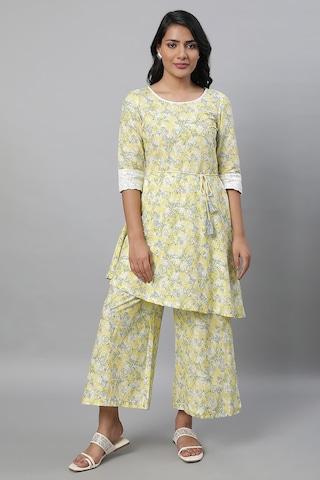yellow print round neck casual ankle-length 3/4th sleeves women regular fit jumpsuit