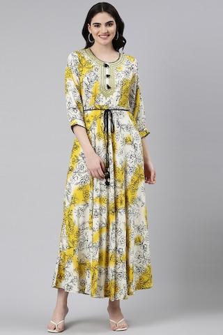 yellow print round neck casual ankle-length 3/4th sleeves women straight fit dress