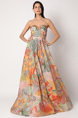 yellow printed & embellished gown