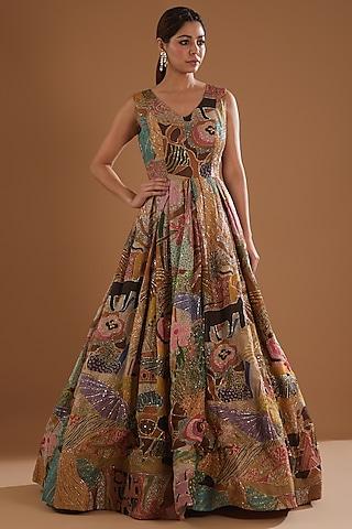 yellow printed & embellished gown