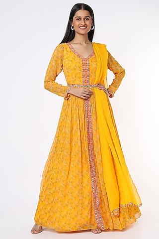 yellow printed & embroidered anarkali set