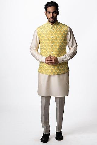 yellow printed & embroidered bundi jacket