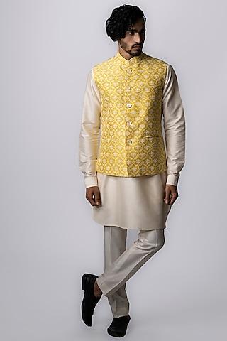 yellow printed & embroidered bundi jacket