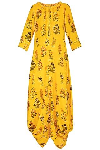 yellow printed & embroidered kurta dress with slip