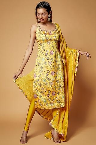 yellow printed & embroidered kurta set