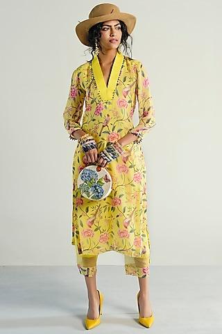 yellow printed & embroidered kurta with pants