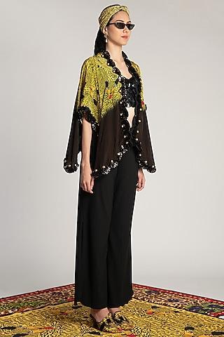 yellow printed & embroidered ombre cape